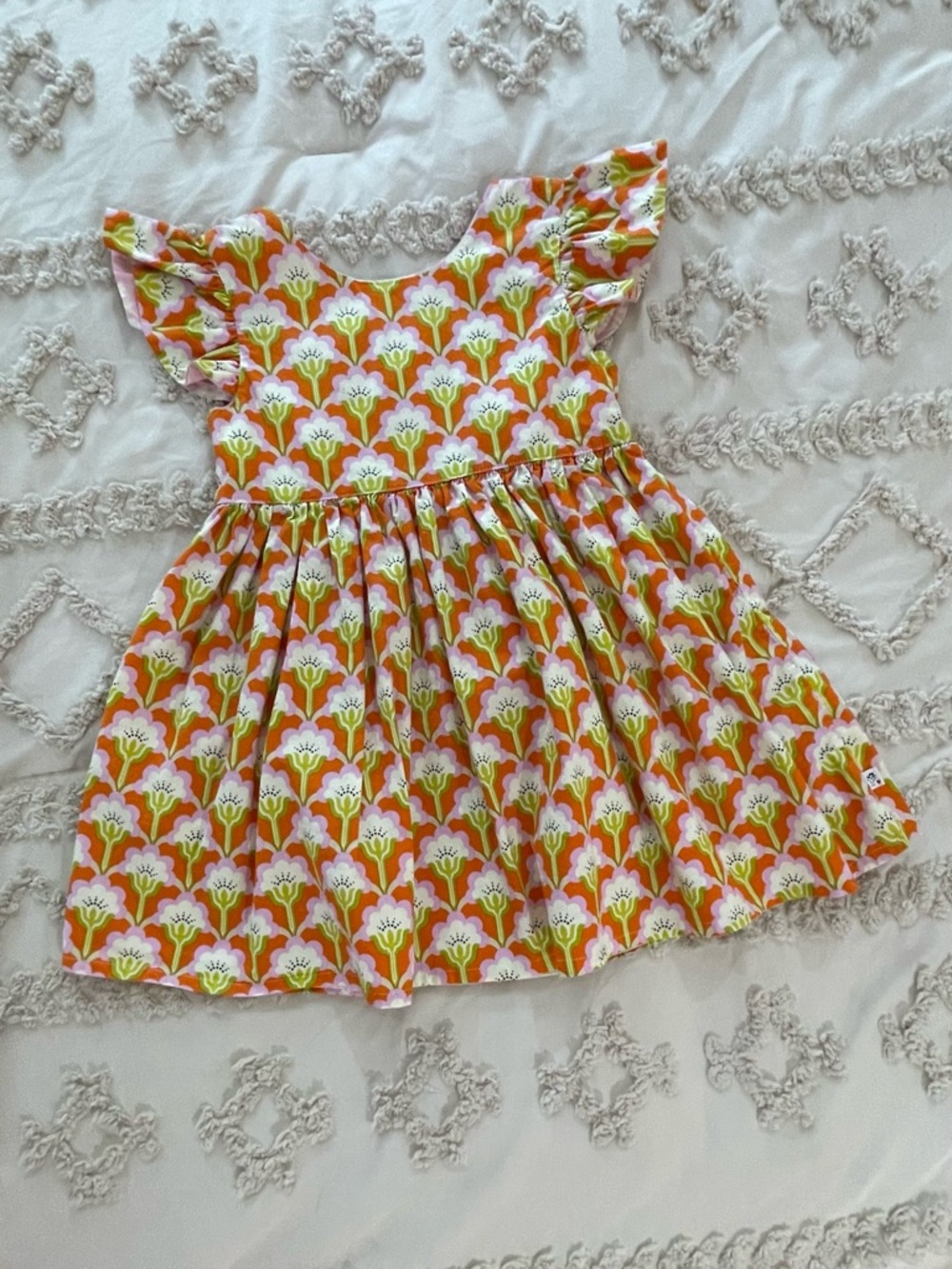 Girls' Orange Floral Cotton Dress with Flutter Sleeves